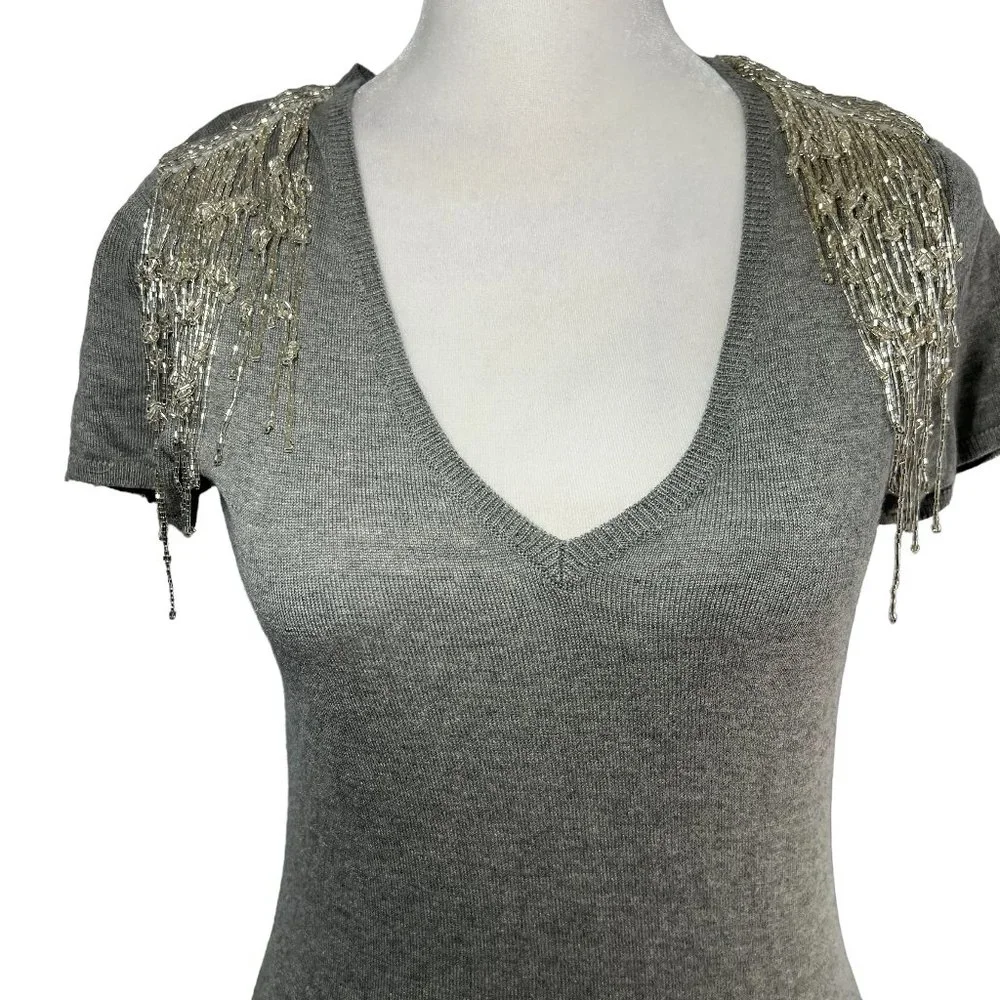Magaschoni Silk & Cashmere Gray Short Sleeve V-Neck Sweater Sz S